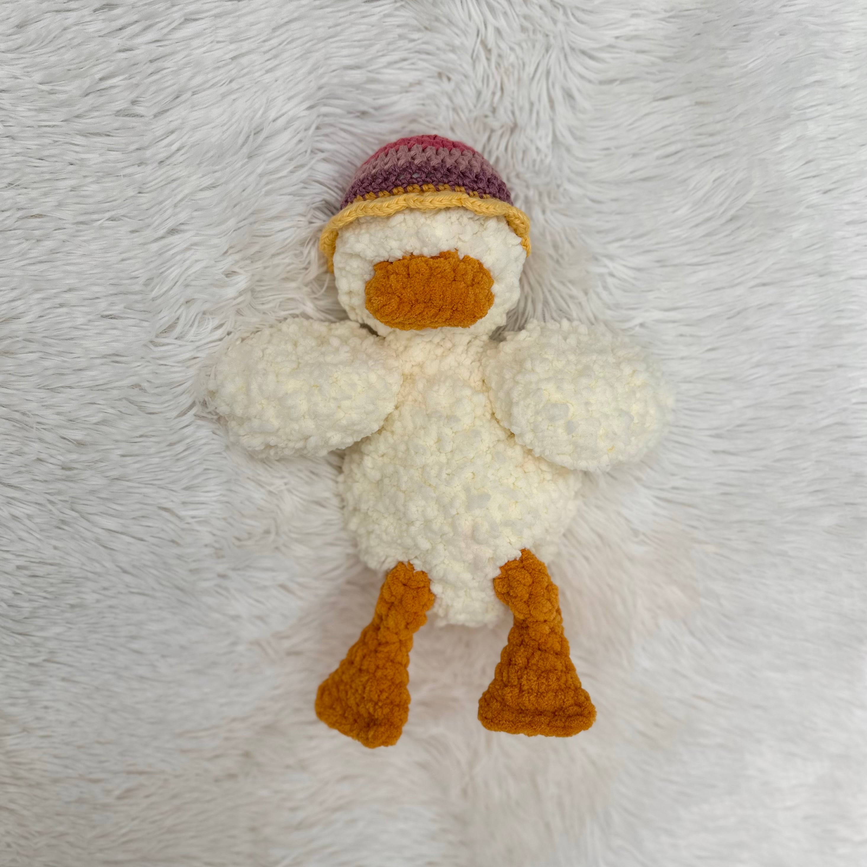 Della Duck With Bucket Hat Plushie Snuggler | Crocheted Stuffie | Lovey