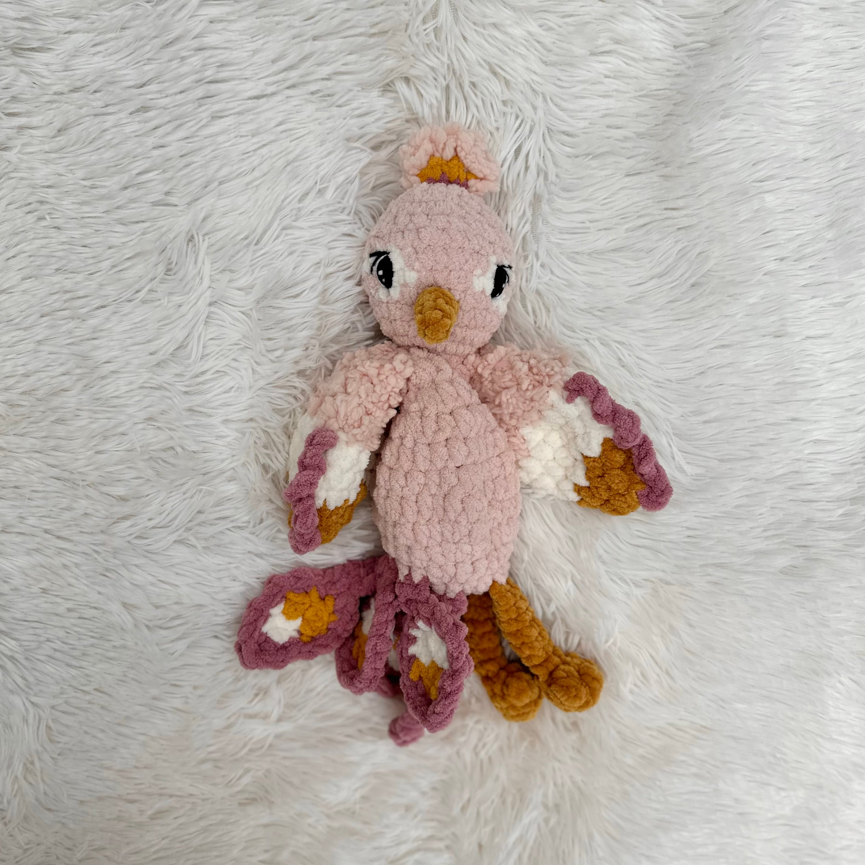 Pink Peacock Plushie Snuggler | Crocheted Stuffie | Lovey