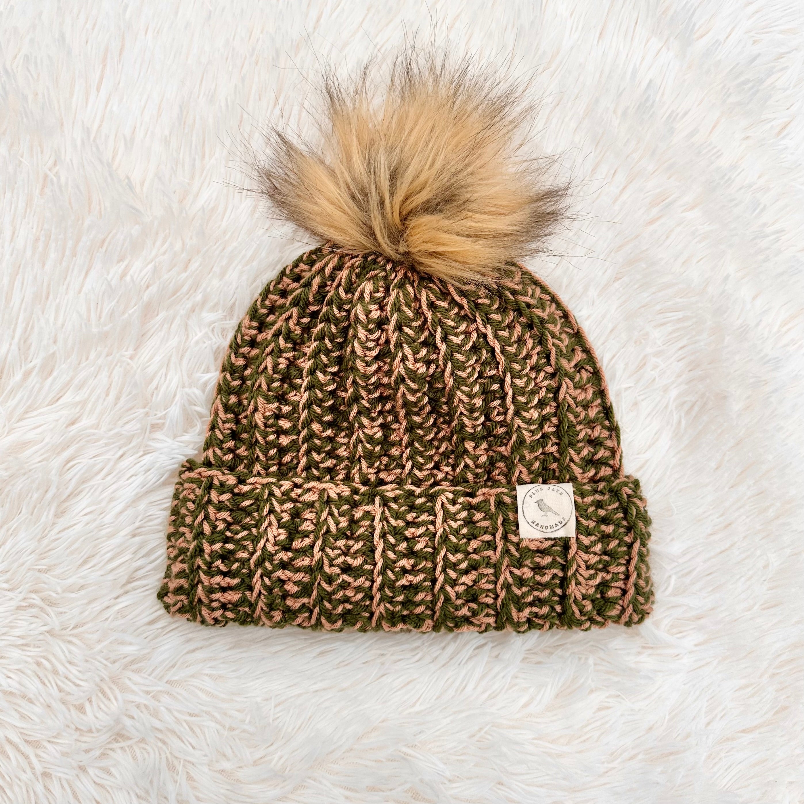 Adult Size Beanie With Faux Fur Pom (Removable) | Crocheted Warm Winter Hat