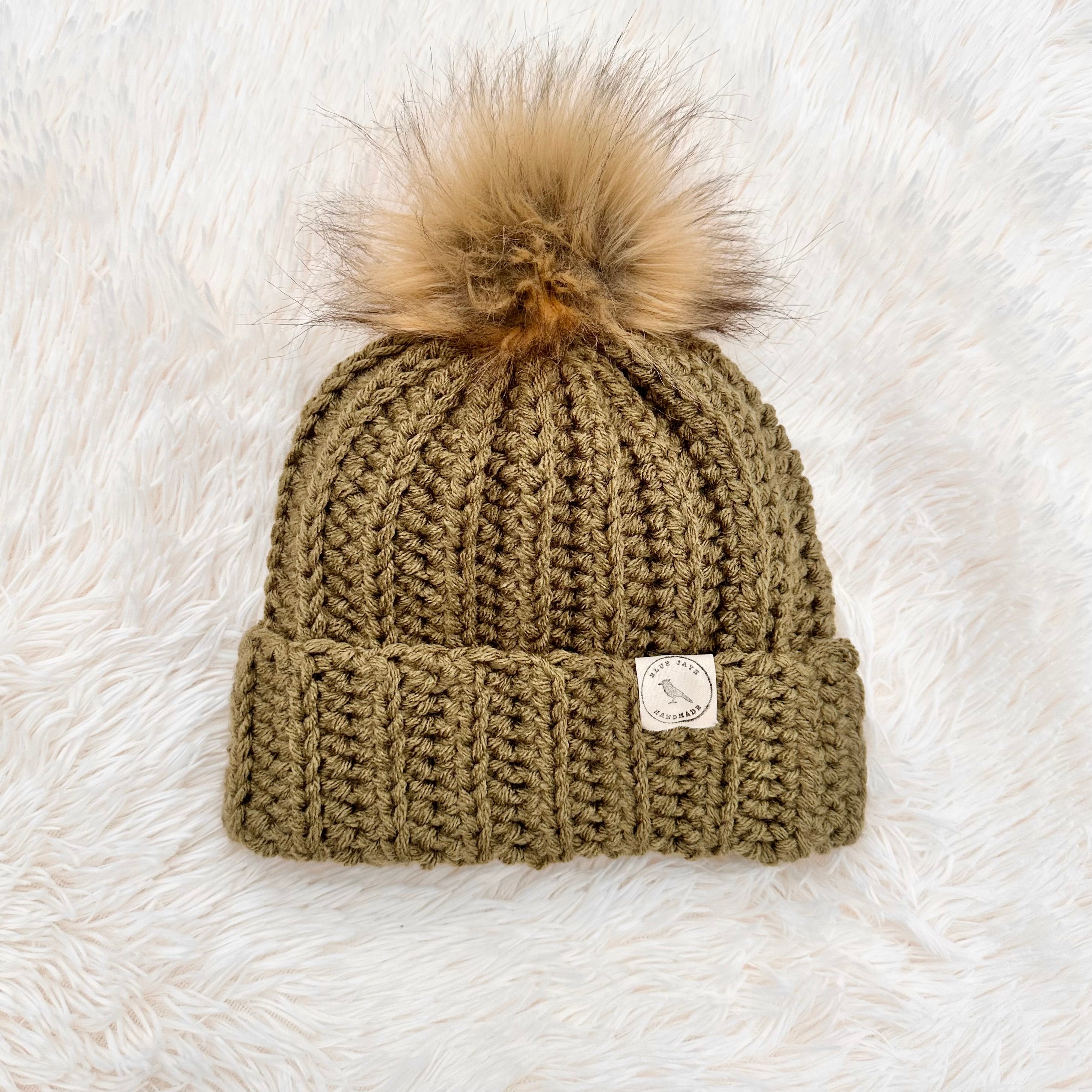 Adult Size Beanie With Faux Fur Pom (Removable) | Crocheted Warm Winter Hat