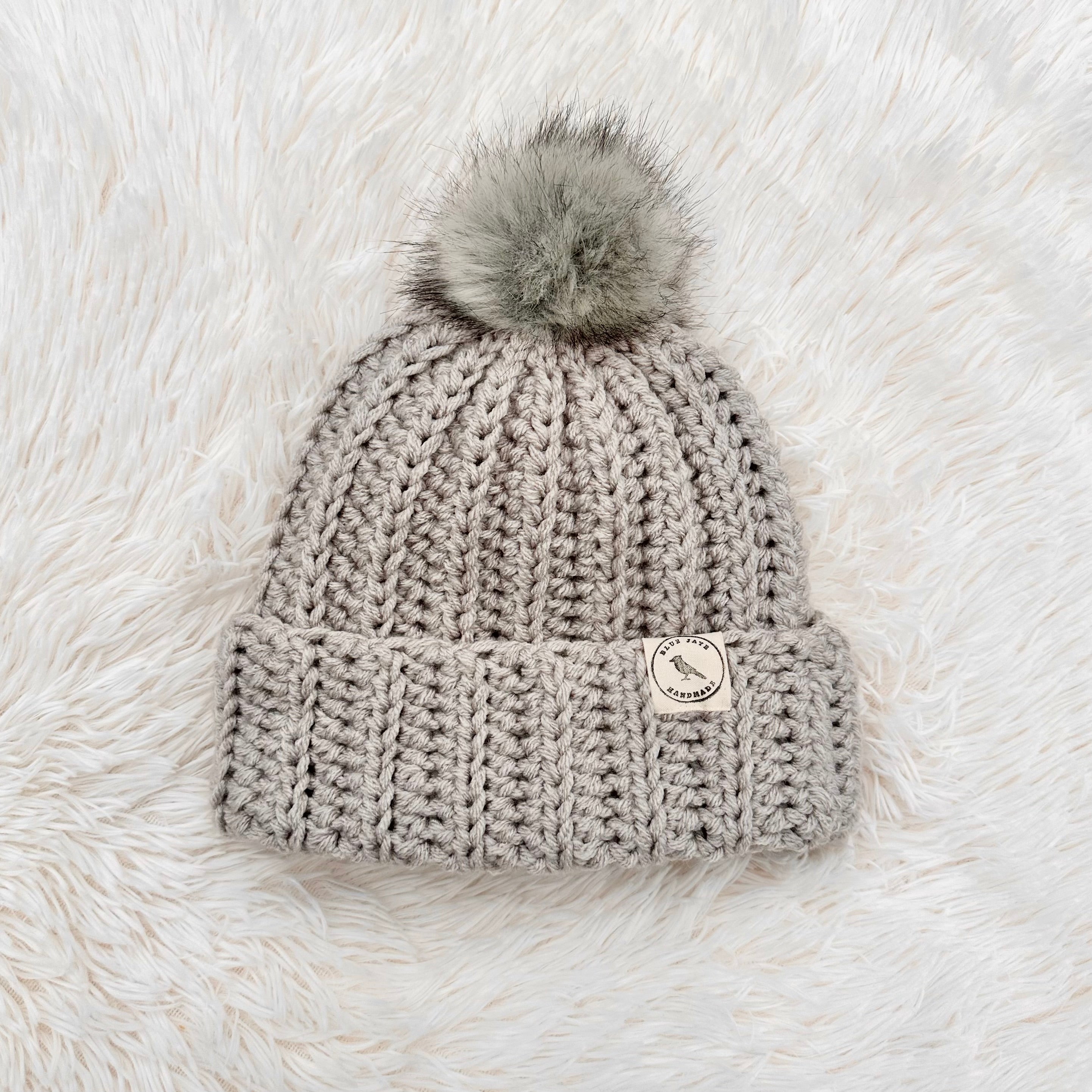 Adult Size Beanie With Faux Fur Pom (Removable) | Crocheted Warm Winter Hat