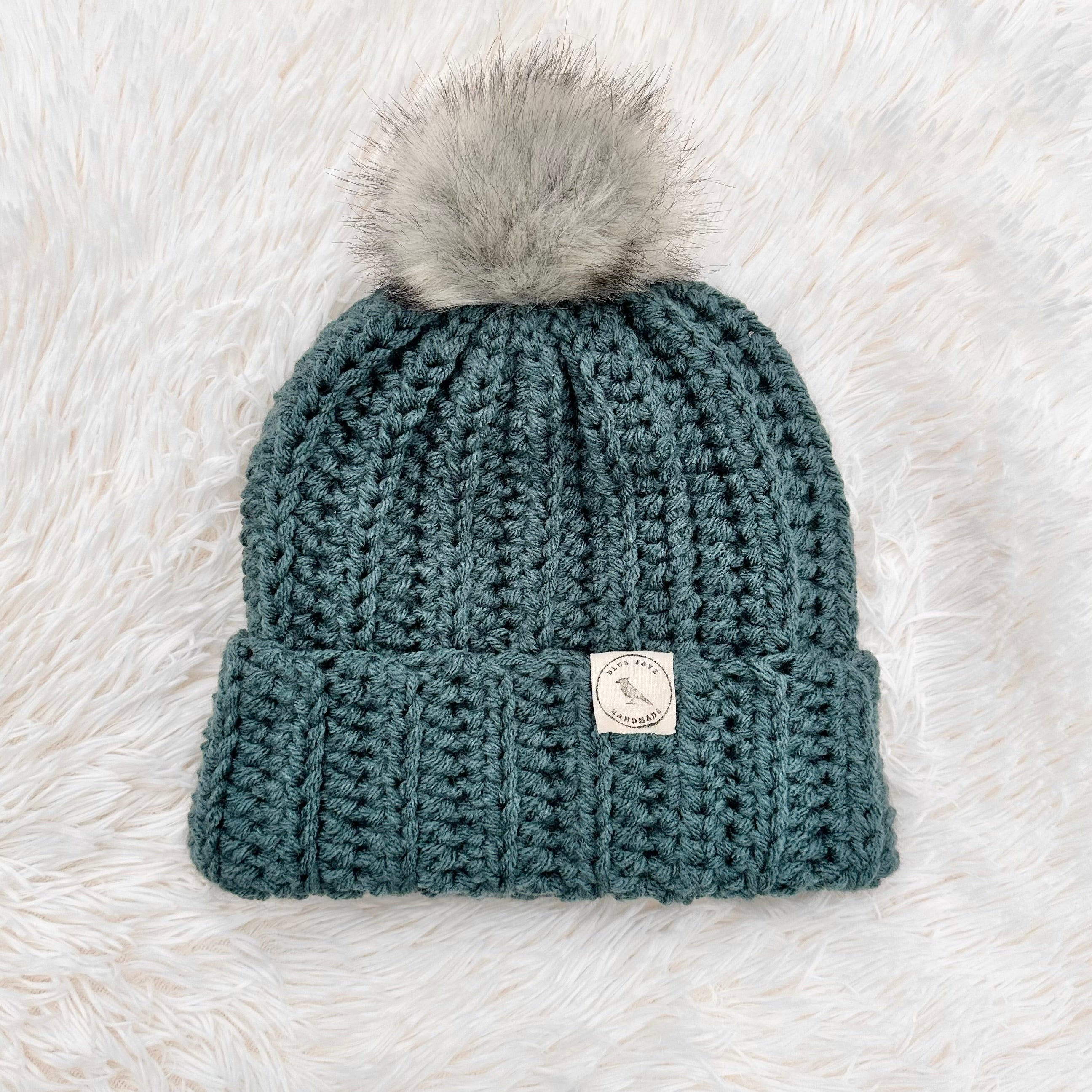 Adult Size Beanie With Faux Fur Pom (Removable) | Crocheted Warm Winter Hat