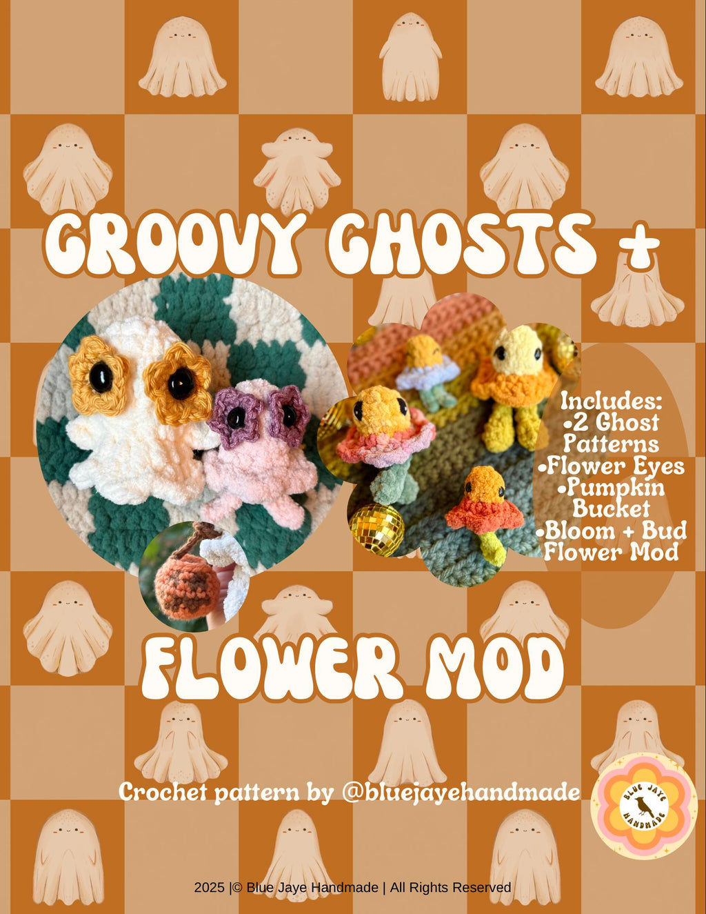 No-Sew Groovy Ghosts With Flower Mod Crochet Pattern | Willa and Wisp | Bloom and Bud | Ghost | Flower | Whimsical | Amigurumi | Spring