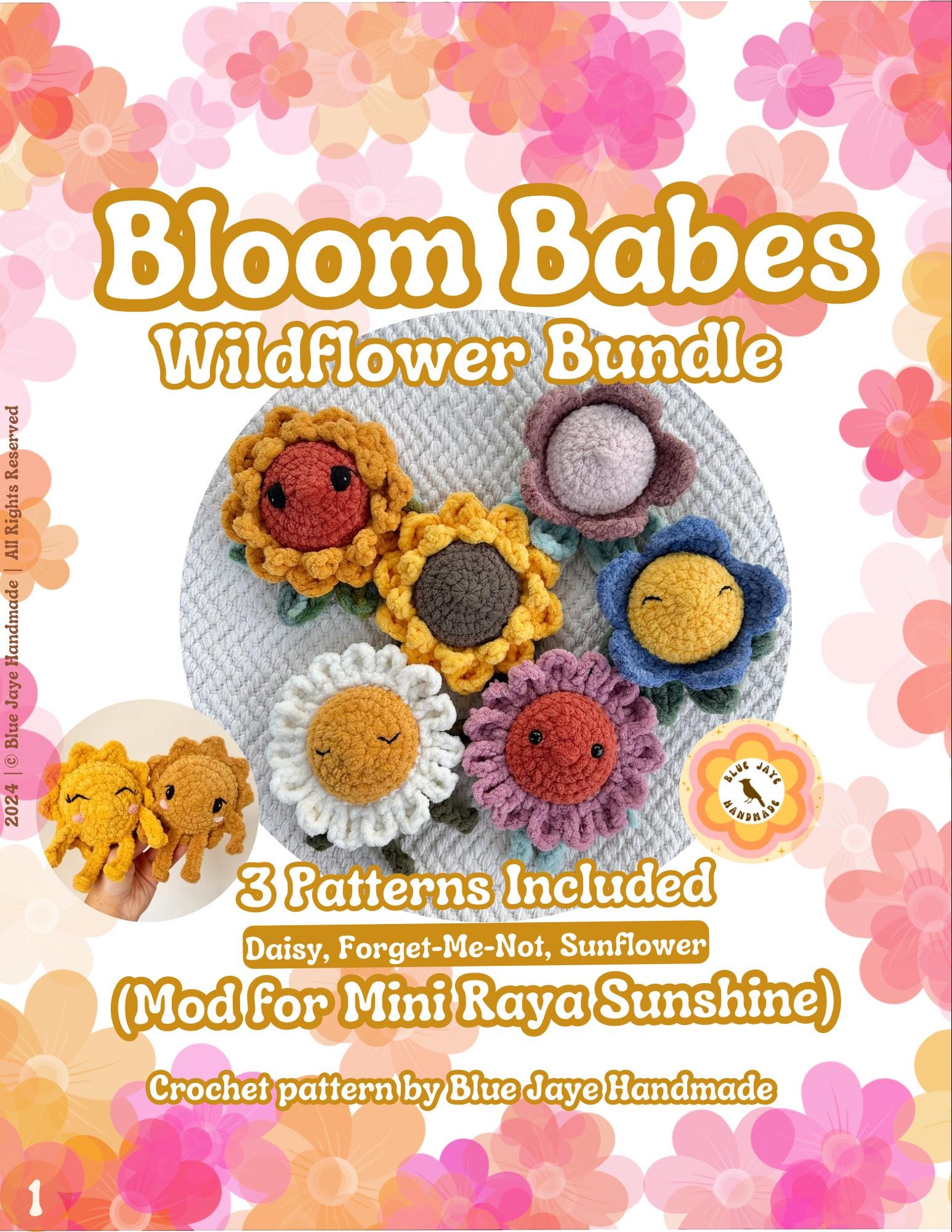 Bloom Babes Mod- 3 Patterns- Daisy, Forget-Me-Not, Sunflower | Flower Mod for Mini Raya Sunshine | Amigurumi Whimsical Crochet Pattern